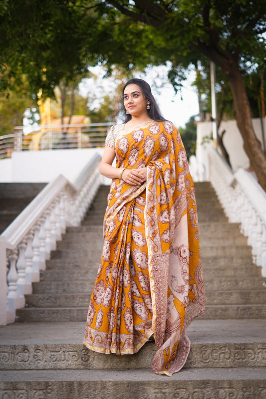 Yellow Cotton Kota Doriya Kalamkari Saree