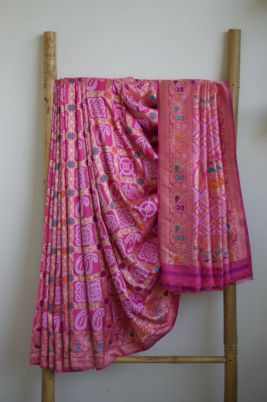 Pink Malai Silk Bandhani Saree