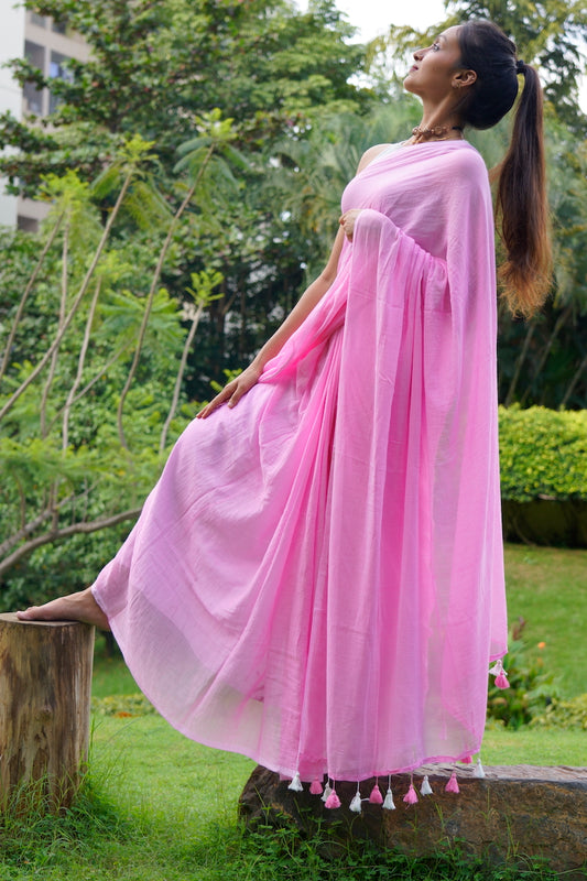Baby Pink Mul Cotton Saree with tassels