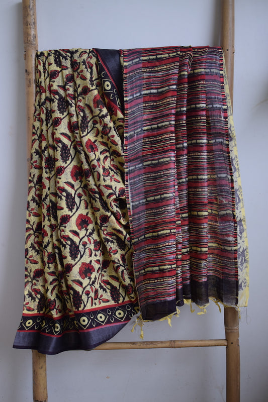 Light Yellow Printed Linen Cotton Saree