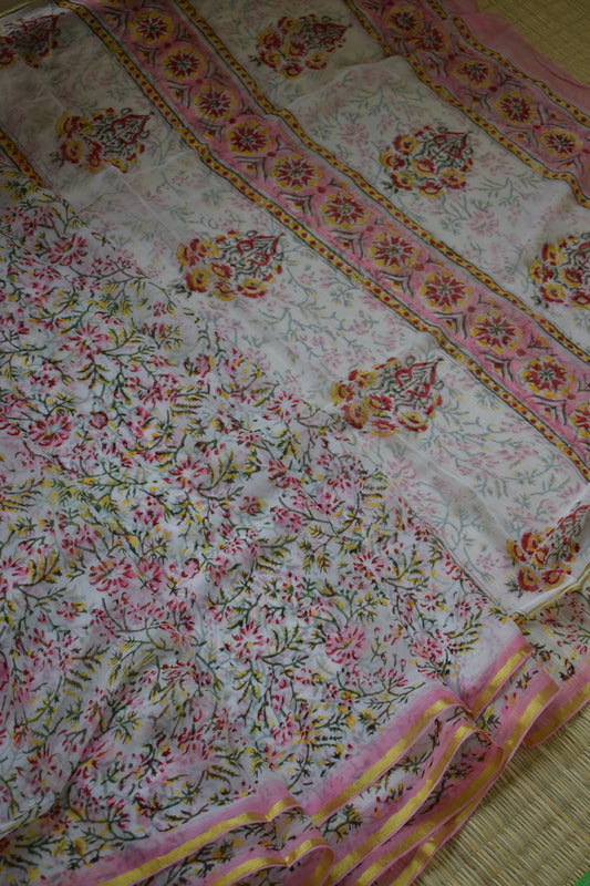 White Bagru Printed Chiffon Saree