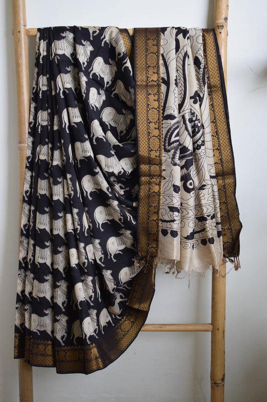 Black Kalamkari Chennuri Silk Saree with Mangalagiri Border