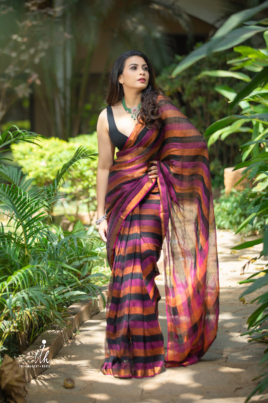 Black Striped Linen Saree