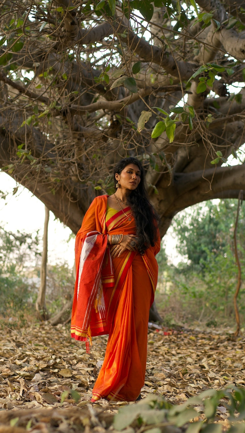 Orange Cotton Silk Ilkal Saree