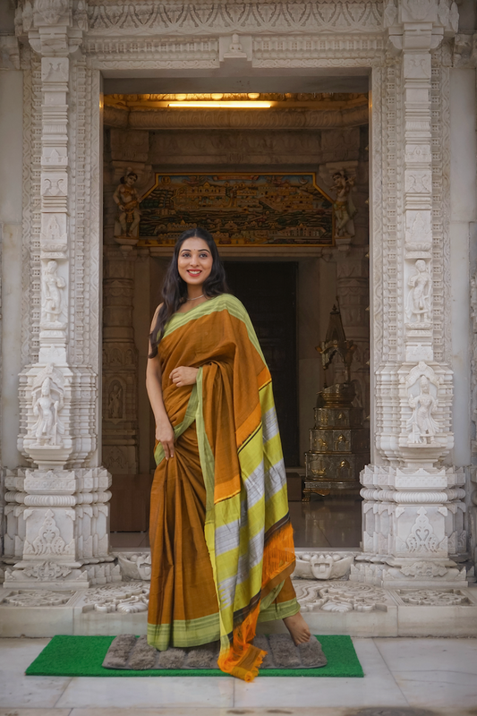 Honey Brown Ilkal Viscose Saree with Chikki Paras Border
