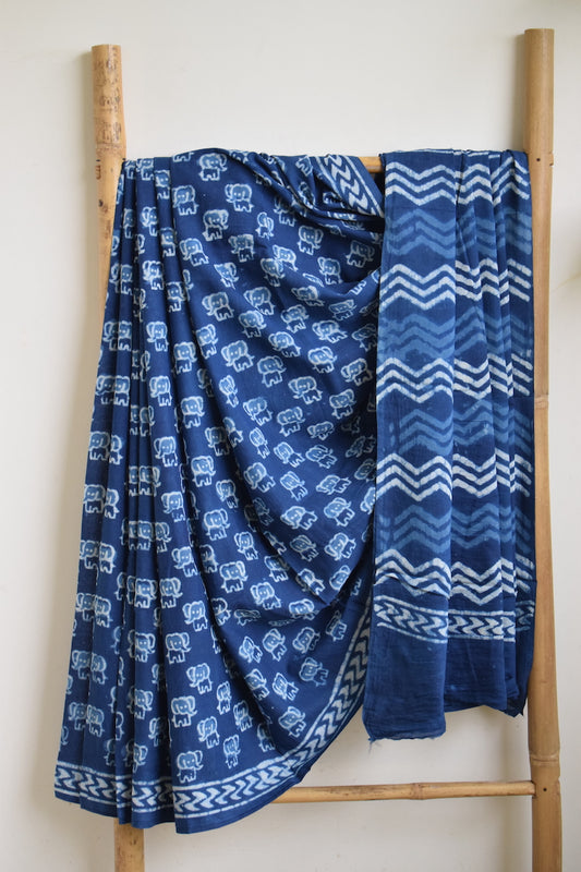 Indigo Printed Mul Cotton Saree