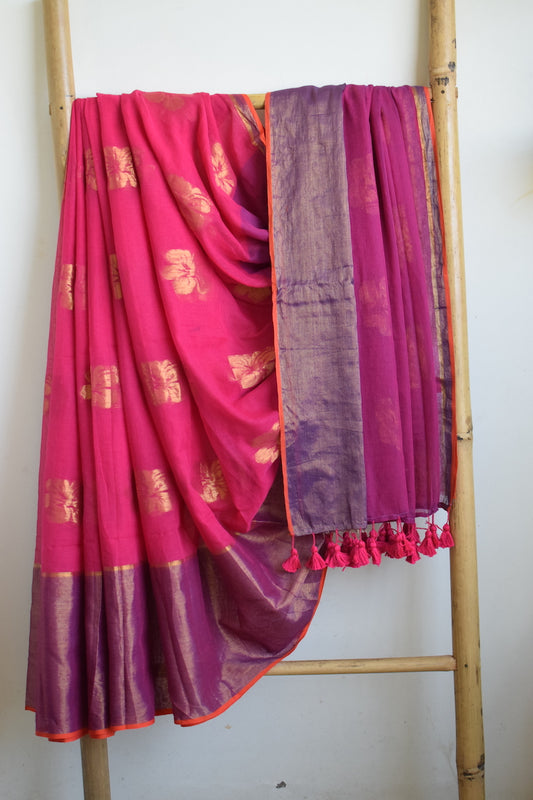 Rani Pink Hibiscus weaving Mul Cotton Saree with tassels