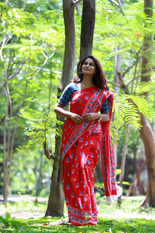 Red Bagru Printed Mul Cotton Saree