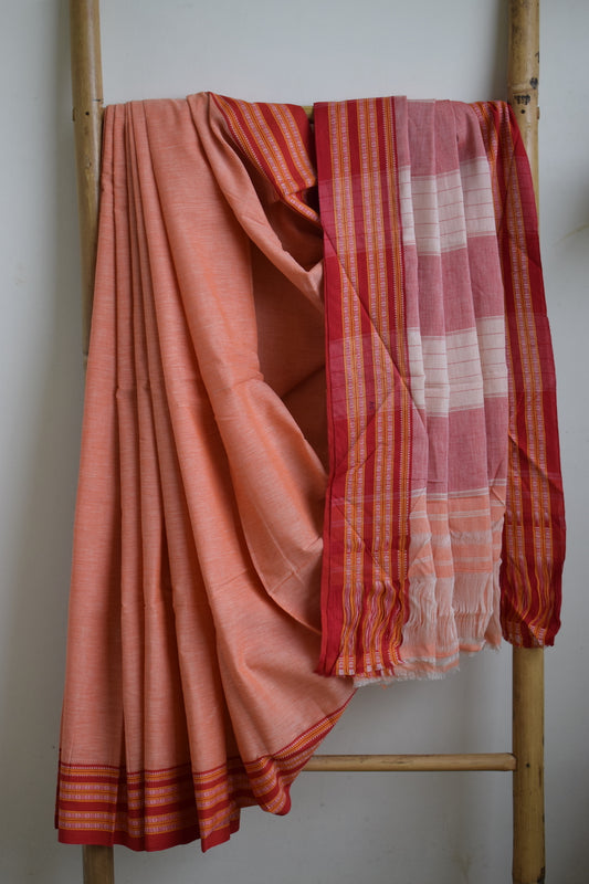 Coral Pattada Anchu Cotton Saree with Gomedadi Border