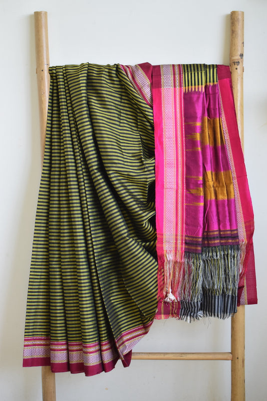 Olive Green and Black Ilkal Viscose Saree with Chikki Paras Border