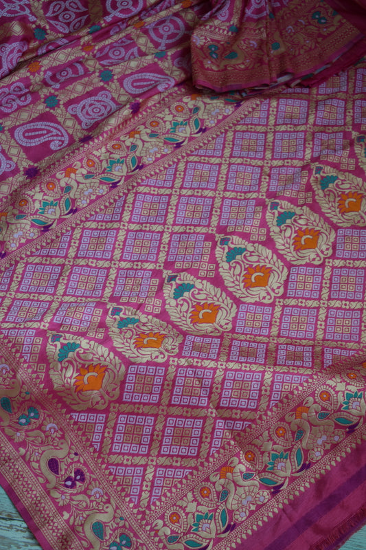 Pink Malai Silk Bandhani Saree