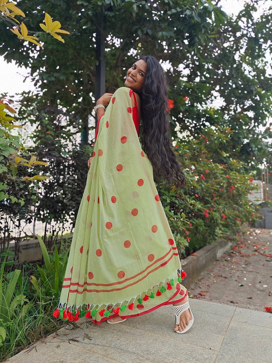 Parrot Green Polka Dots Mul Cotton Saree with tassels