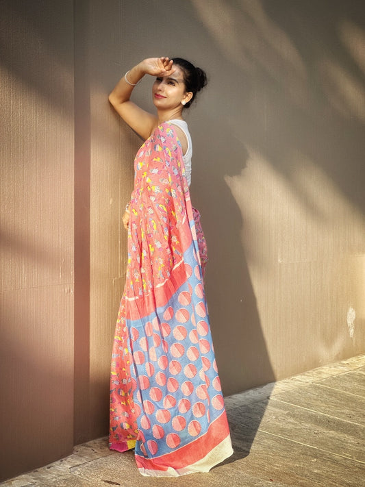 Peach Printed Mul Cotton Saree