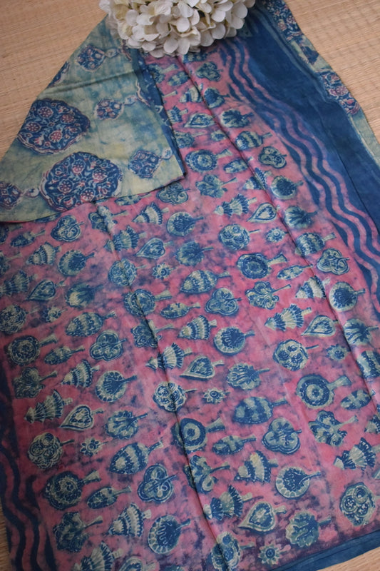 Turquoise Pomegranate Peel Print Modal Silk Saree
