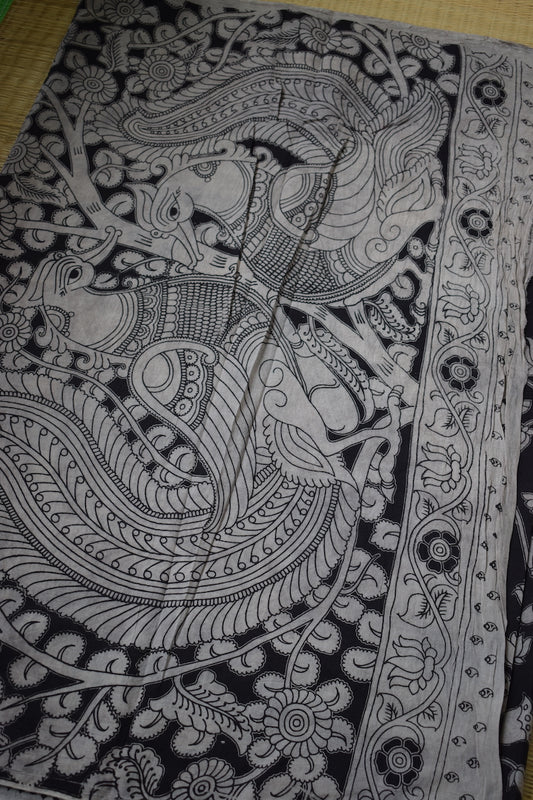 Black Kalamkari Printed Mul Cotton Saree