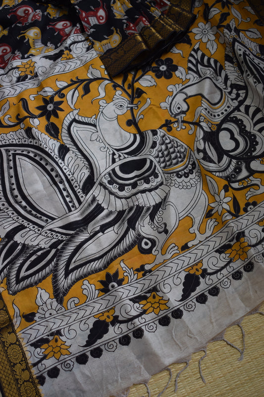 Black Kalamkari Chennuri Silk Saree with Mangalagiri Border