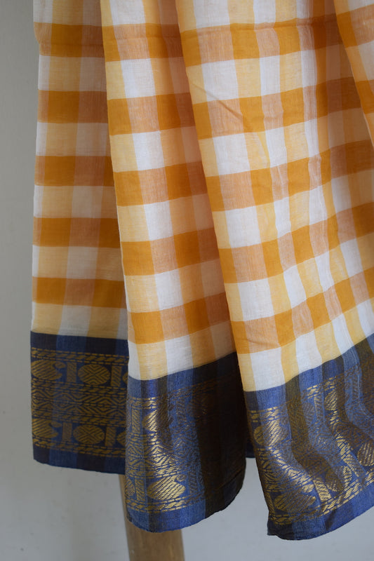 Yellow & White Checks Mul Cotton Saree with border