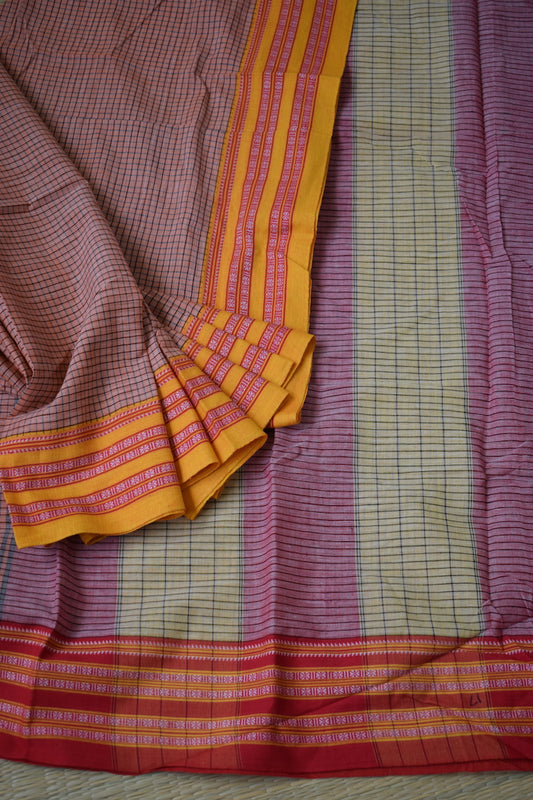 Coral Pattada Anchu Cotton Saree with Gomedadi Border
