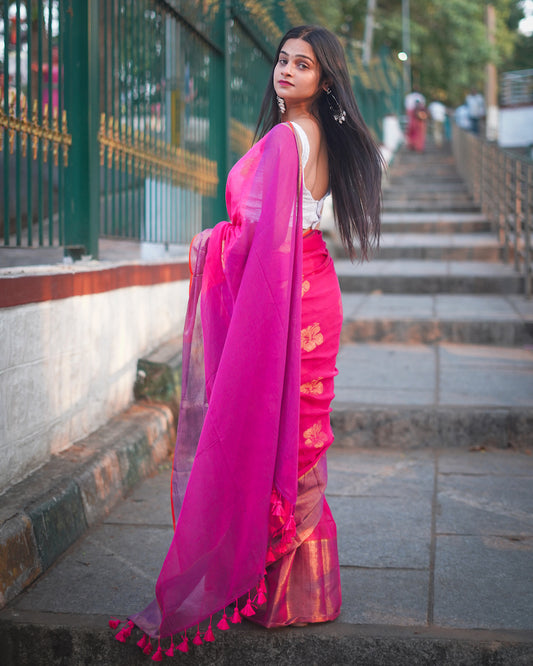 Rani Pink Hibiscus weaving Mul Cotton Saree with tassels