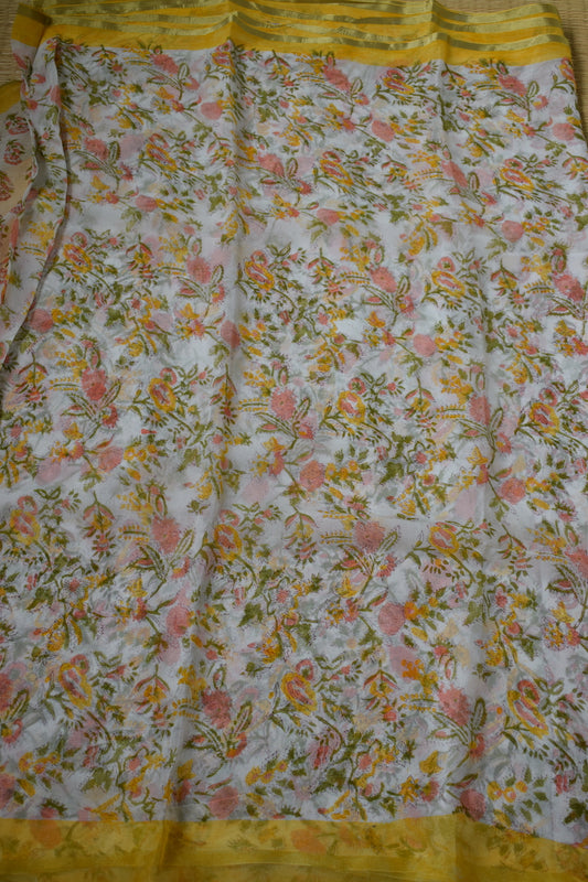 White Bagru Printed Chiffon Saree