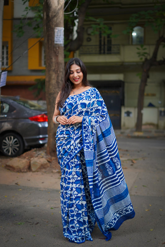 Indigo Printed Mul Cotton Saree