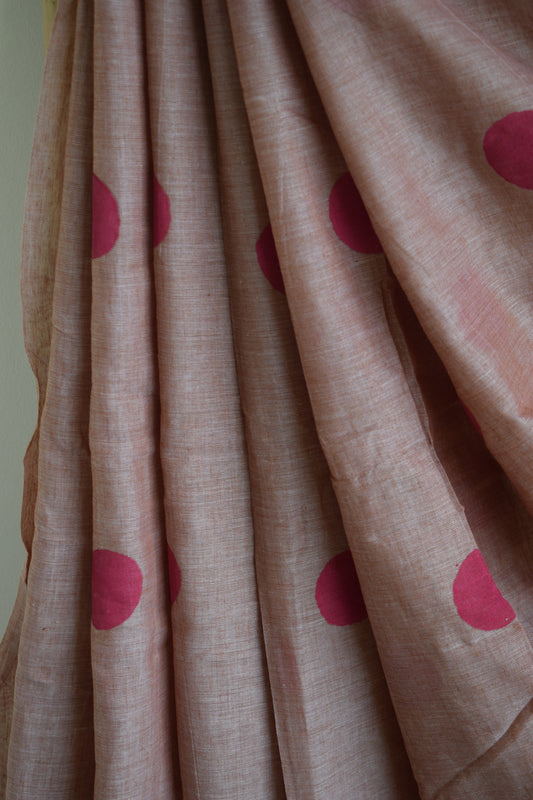 Cinnamon Polka Dots Mul Cotton Saree with tassels
