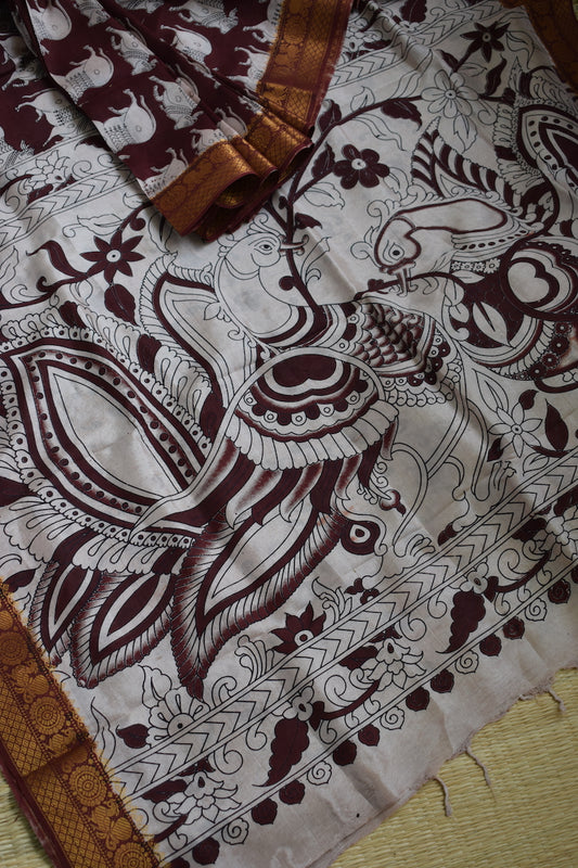 Brown Kalamkari Chennuri Silk Saree with Mangalagiri Border