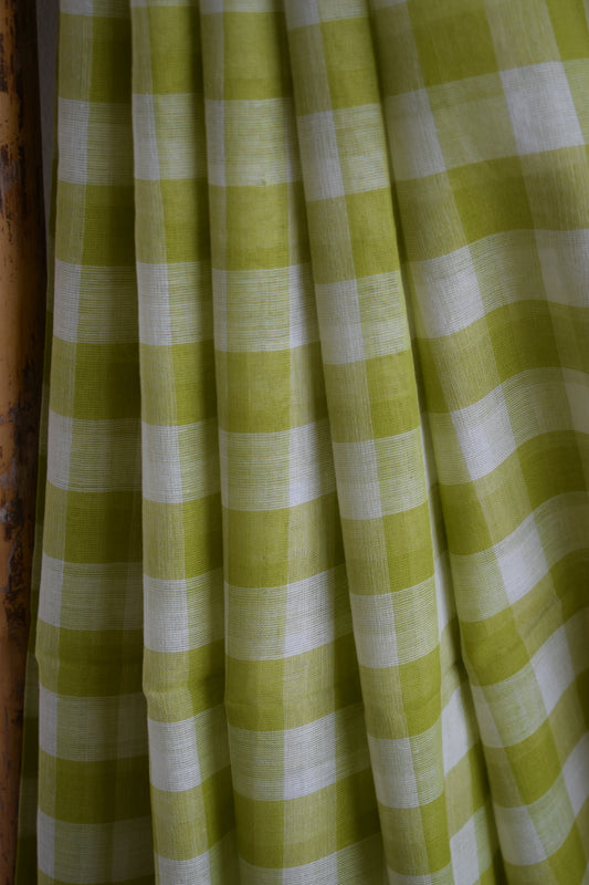 Green & White Checks Mul Cotton Saree with border