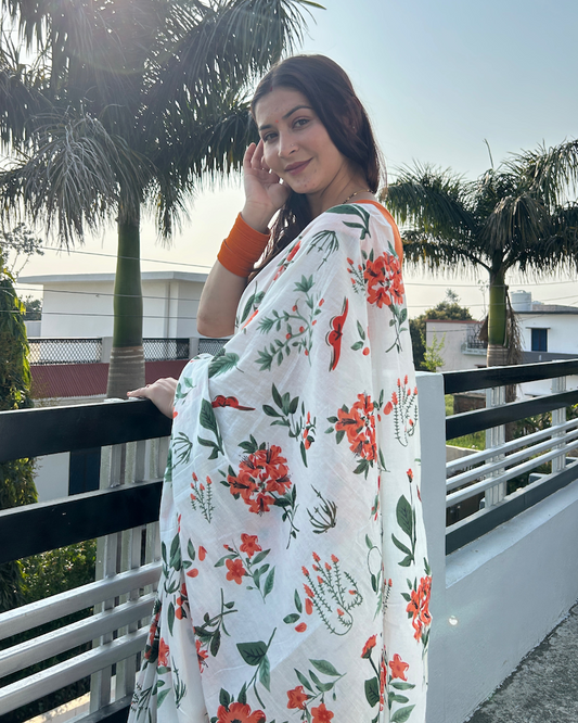 White Printed Mul Cotton Saree