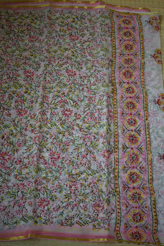 White Bagru Printed Chiffon Saree