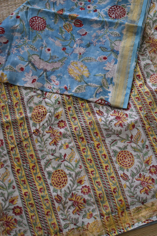 Sky Blue Maheshwari Block Printed Cotton Silk Saree