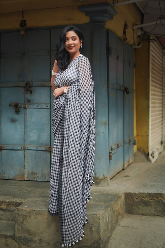 Black and White Checks Mul Cotton Saree
