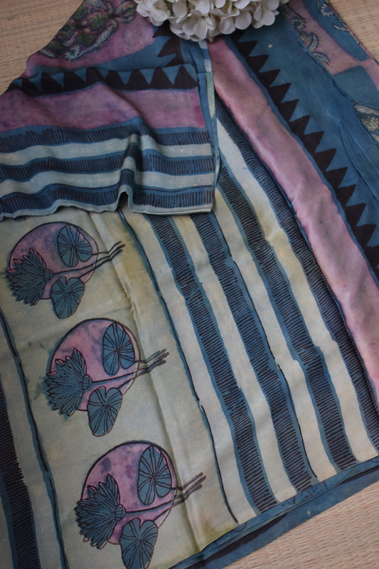 Grey - Pink Pomegranate Peel Print Modal Silk Saree