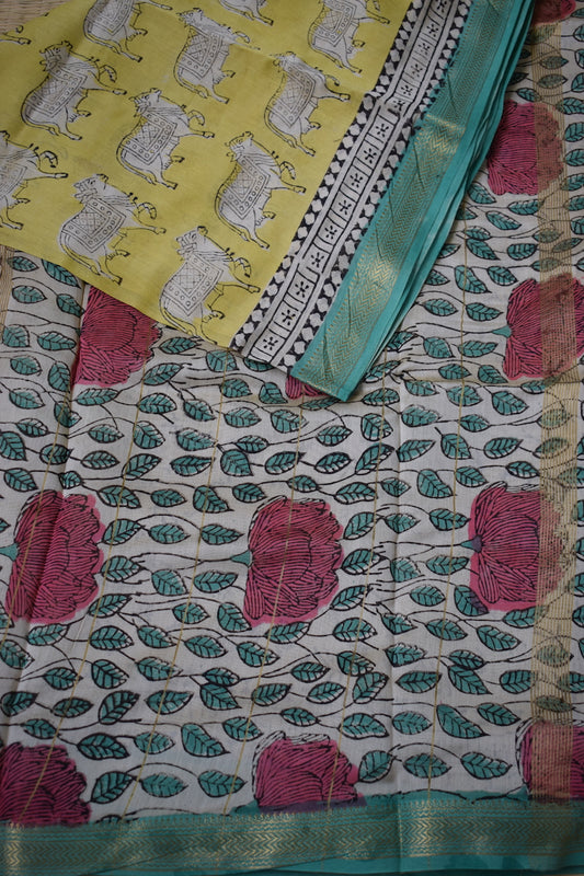 Yellow Maheshwari Block Printed Cotton Silk Saree