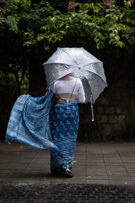 Indigo Printed Linen Cotton Saree