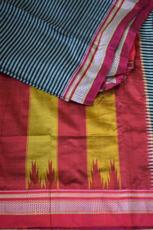 Grey and Black Ilkal Viscose Saree with Chikki Paras Border