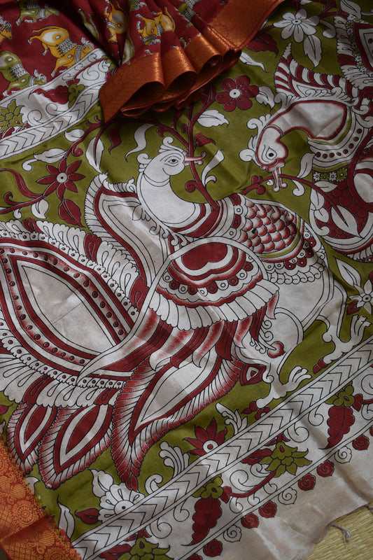 Red Kalamkari Chennuri Silk Saree with Mangalagiri Border