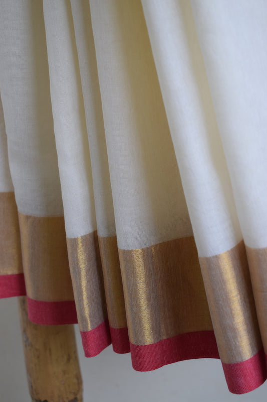 Off White Mul Cotton Saree with tassels