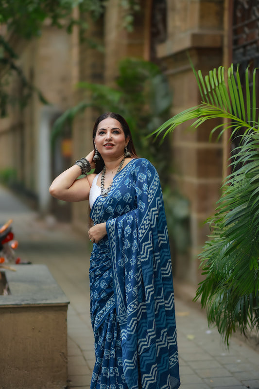 Indigo Printed Mul Cotton Saree