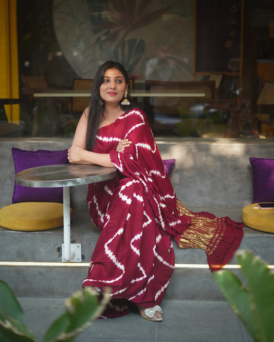 Maroon Lehariya Modal Silk Shibori Saree