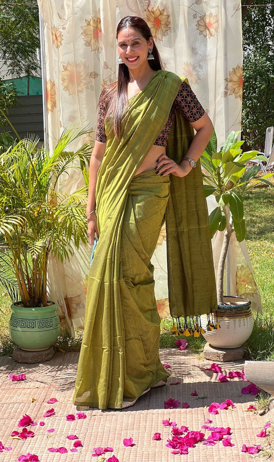 Olive Green Plain Cotton Saree