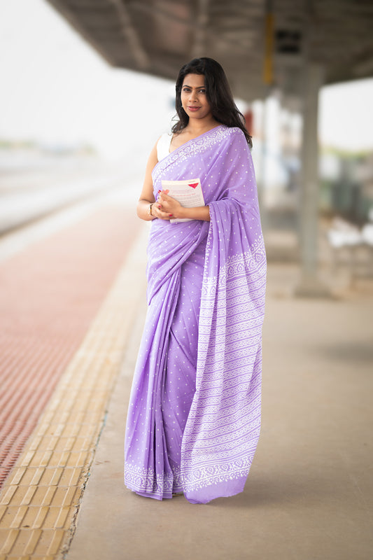 Lavender Handblock Printed Mul Cotton Saree