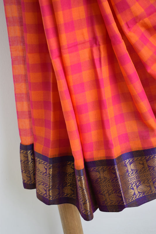 Orange & Pink Checks Mul Cotton Saree with border