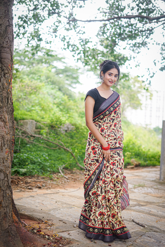 Light Yellow Printed Linen Cotton Saree