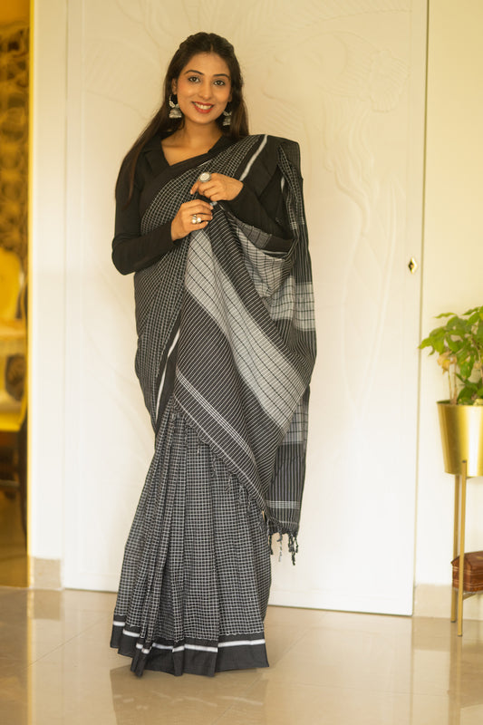 Black Pattada Anchu Cotton Saree with Black border