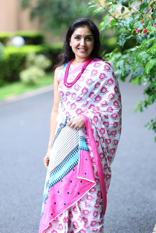 White Printed Mul Cotton Saree