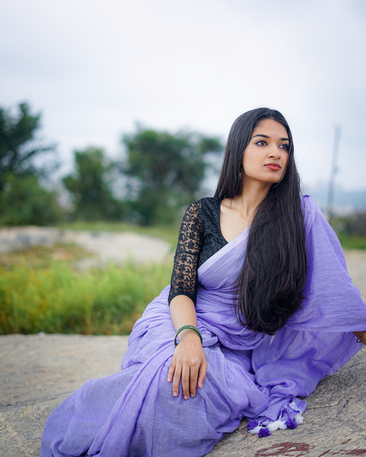 Lavender Mul Cotton Saree with tassels