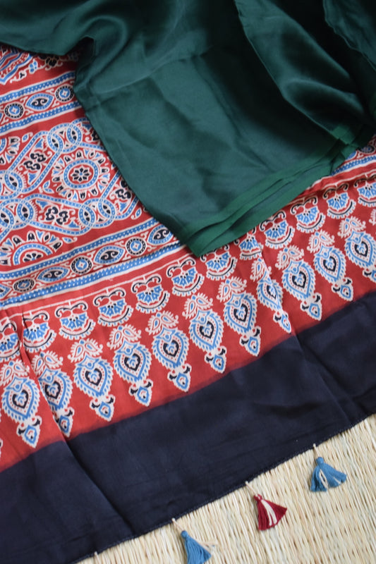 Bottle Green Modal Silk Saree with Ajrakh Pallu