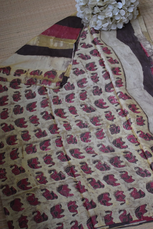 Yellow - Red Pomegranate Peel Print Modal Silk Saree