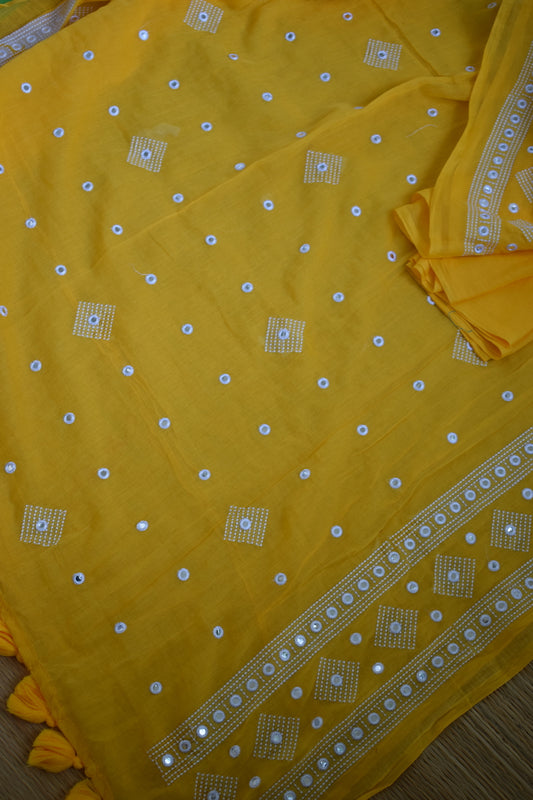 Yellow Embroidery with Mirror Work Mul Cotton Saree with tassels